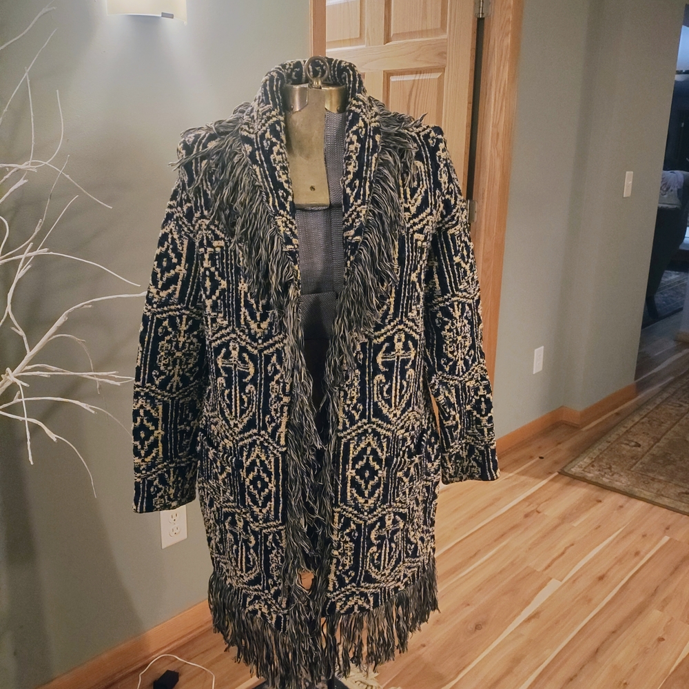 Fringed Navy and Gold Patterned Coat